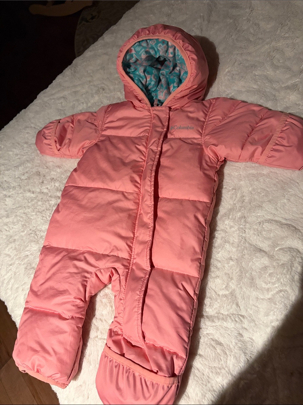 Columbia Coral Pink Infant Bunting Snowsuit with Patterned Liner
